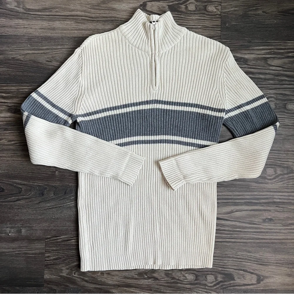 American Rag Cie men's ribbed knit quarter-zip sweater in cream and gray